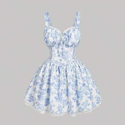 Plus Size Women's Backless Tie-Up Blue & White Floral Print Spring Spaghetti Strap Mini Dress, Lace Sundress, Spring Date Outfit.Cute Dresses For Wome | SHEIN