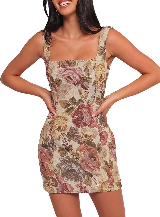 Women's Floral Jacquard Dresses Adjustable Strap Sundress A-Line Tank Mini Dress | Amazon (US)