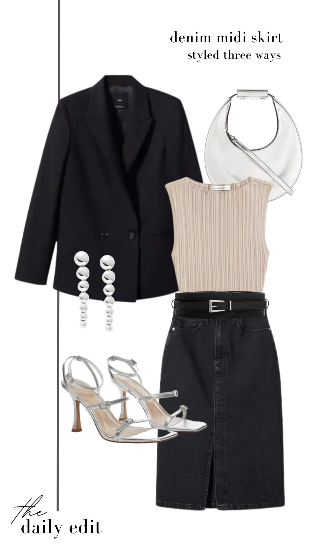 Denim midi skirt styled three ways 💁🏼‍♀️ 

Midi skirt, autumn denim, what to wear today, silver accessories, gold accessories, Parisian style, black blazer, Staud bag, silver heels, Missoma jewellery, trench coat season, converse high tops, mango denim skirt, Abercrombie bodysuit, black knee high boots, virtual stylist, the daily edit, autumn outfit inspo, transitional wardrobe, LTK under 100, day to night looks, casual outfit, date night outfit, quiet luxury, timeless style, neutral wardrobe, casual smart 

#LTKeurope #LTKstyletip #LTKVideo