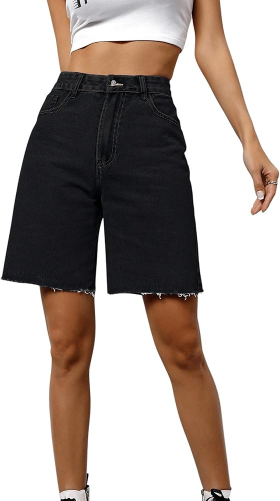 SweatyRocks Women's Casual High Waist Straight Leg Jean Shorts Raw Hem Denim Bermuda Shorts | Amazon (US)