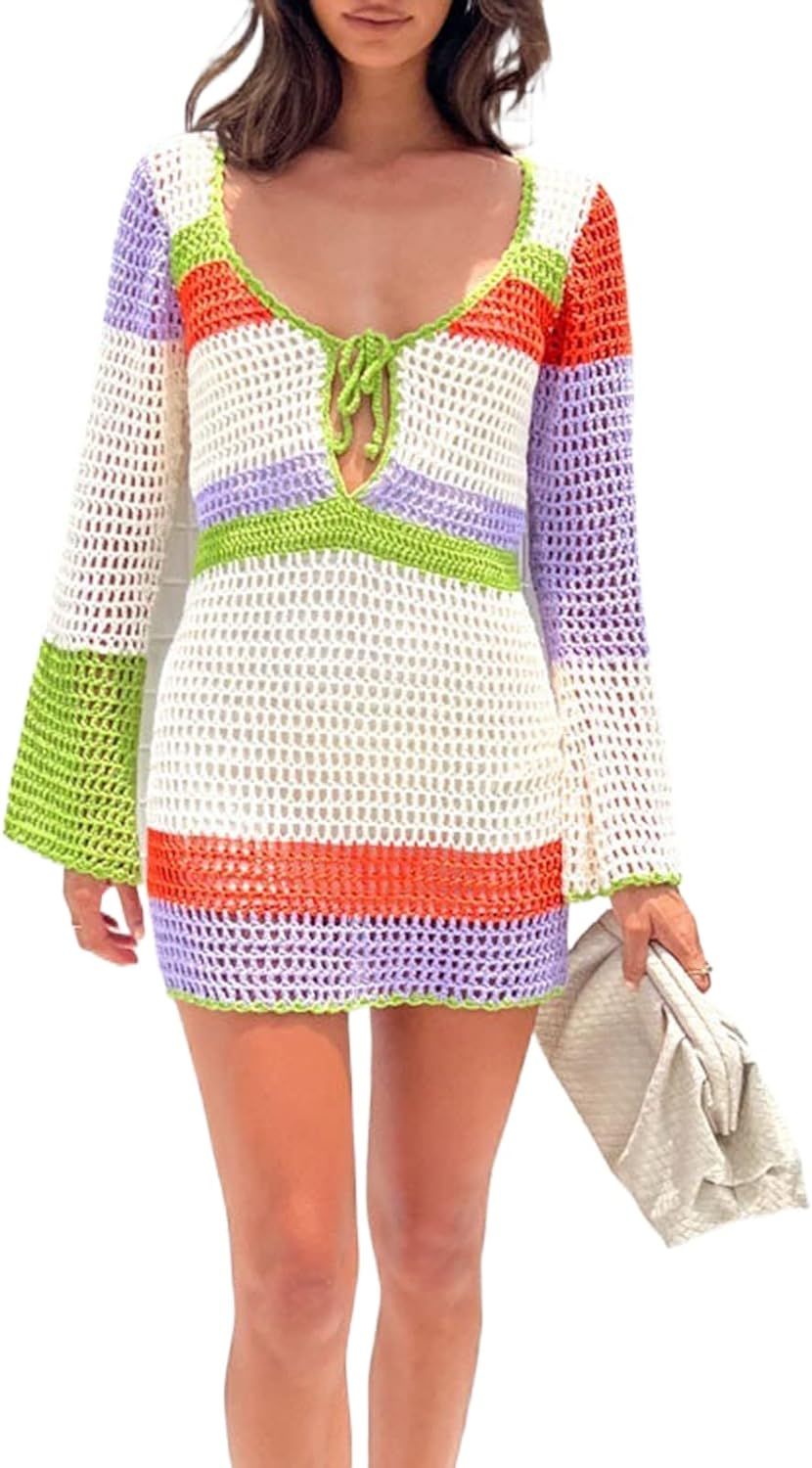 Vintage Crochet Knitted Dress for Women Long Sleeve Hollow Out Dress Color Block Beach Cover Up P... | Amazon (US)