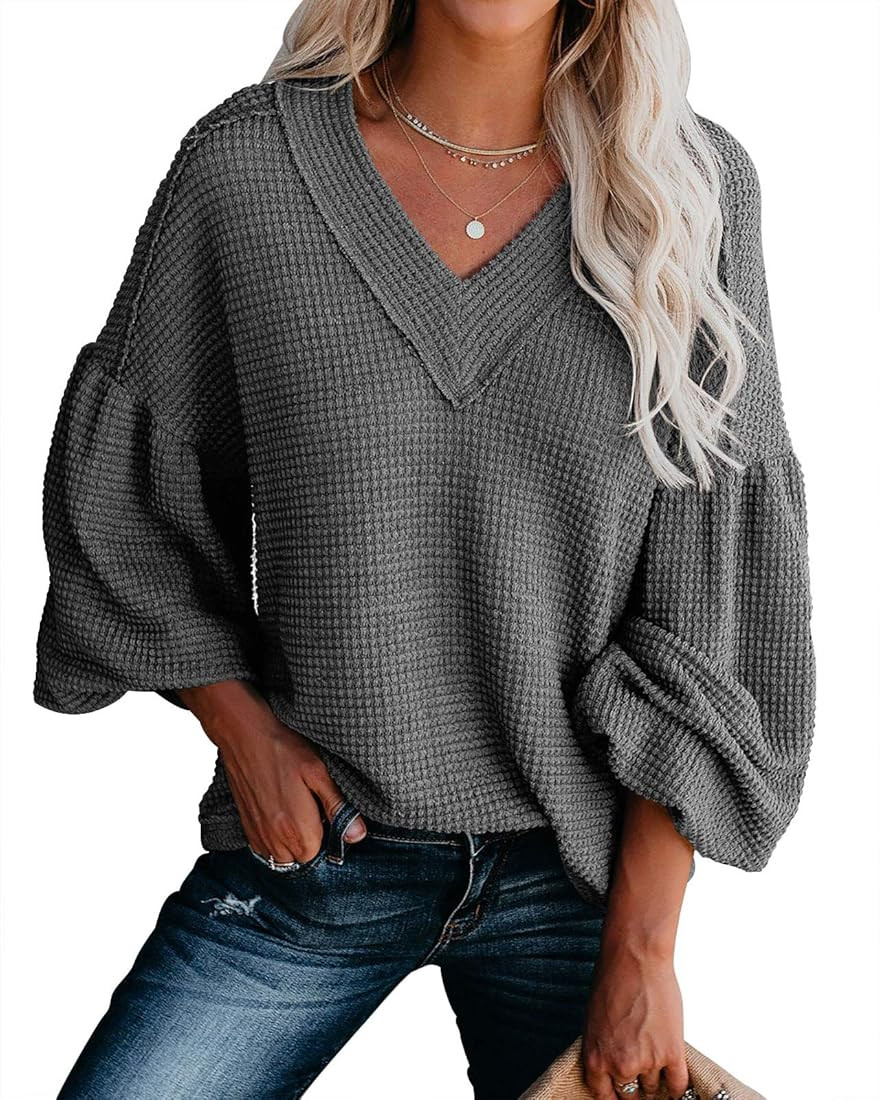 Womens V Neck Waffle Knit Shirts Oversized Sweaters Thermal Casual Blouses Tops Balloon Sleeve Loose | Amazon (US)