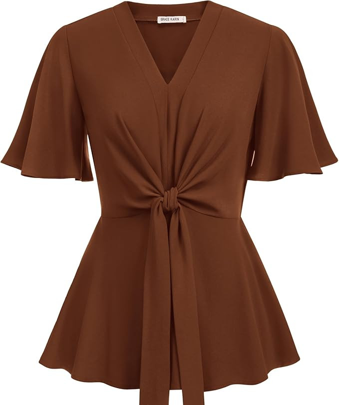 GRACE KARIN 2026 Women's Elegant V Neck Peplum Tops Tie Front Short Bell Sleeve Shirts Tops Blous... | Amazon (US)