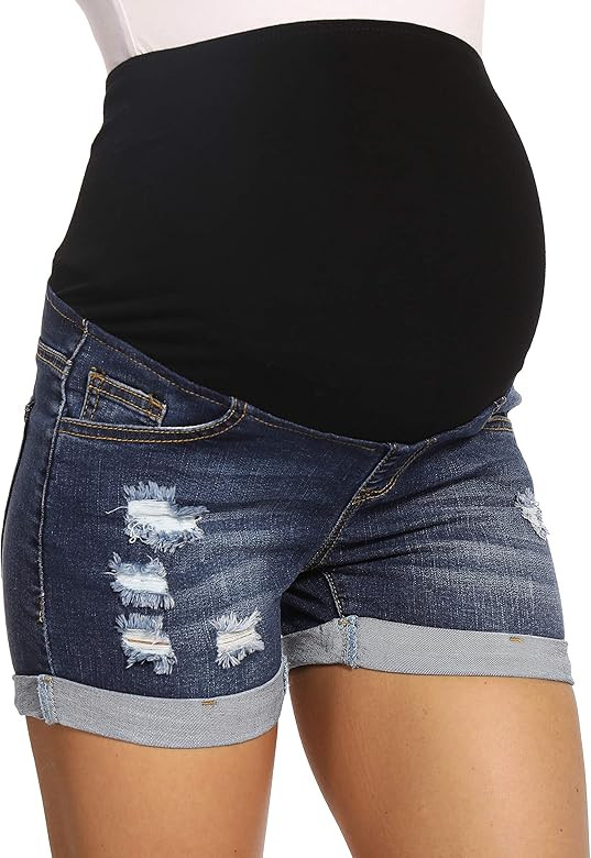 V VOCNI Maternity Denim Shorts Women's Summer High Waist Distressed Cuffed Hem Casual Denim Jeans Sh | Amazon (US)