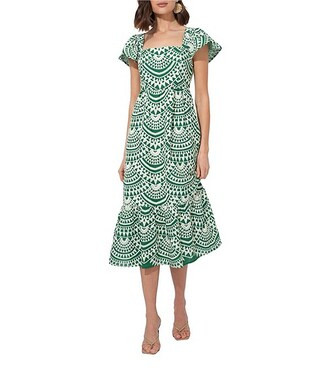 Maja Cotton Embroidered Abstract Print Square Neck Short Sleeve A-Line Midi Dress | Dillard's