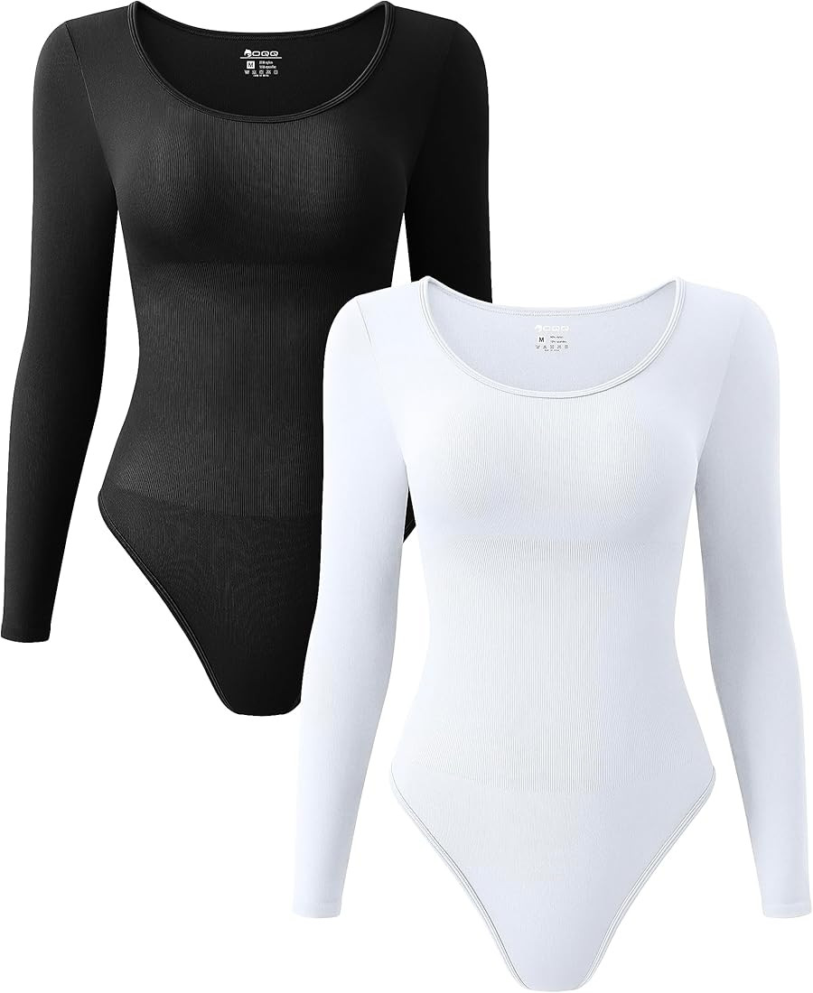 OQQ Women's 2 Piece Bodysuits Sexy Ribbed One Piece Long Sleeve Crew Neck Tops Bodysuits | Amazon (US)