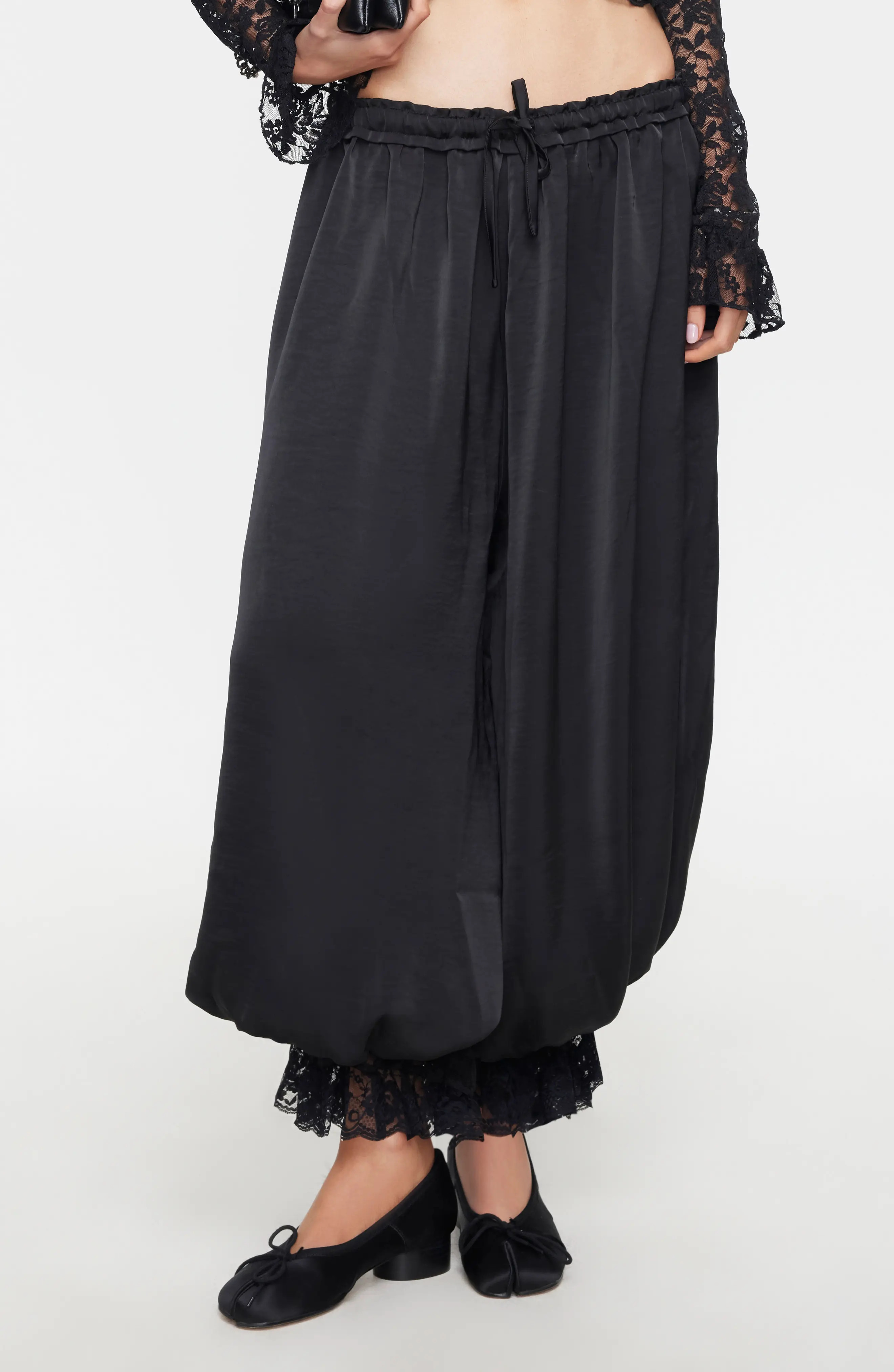 LIONESS Kiss & Tell Bubble Hem Pants in Noir at Nordstrom, Size Small | Nordstrom