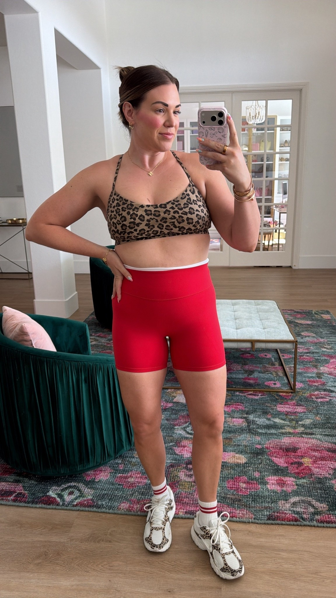 curvy midsize workout look for summer! wearing size 10 in leopard sports bra and size medium in red layered shorts

#LTKMidsize #LTKActive #LTKfitnessgoals