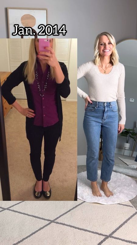 What I wore then vs. now! I’m updating a work outfit that I wore in 2014. 
Sweater- small
Jeans- 26/short
Blazer- thrifted, linked similar 
Shoes- 7.5


#LTKstyletip #LTKSeasonal #LTKfindsunder100