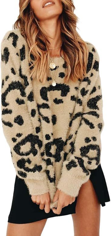 Womens Leopard Crewneck Sweater Oversized Casual Loose Basic Sherpa Pullover Knit Jumper | Amazon (US)