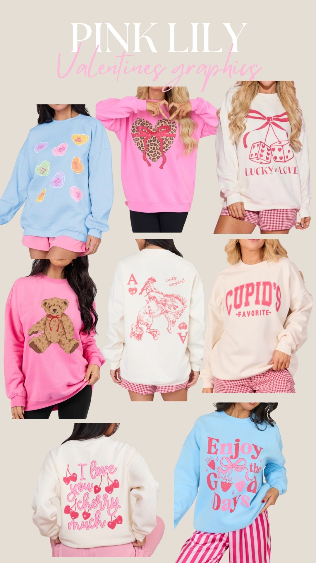 Pink lily always has the cutest graphic sweatshirts especially for holidays! Loving these for valentines! I size up to a L or XL for an oversized fit. 

Rn you can use the code tops35 for 35% off

My code SARAHLIT always works for 30% off sitewide! 

#LTKSaleAlert #LTKValentine #LTKU