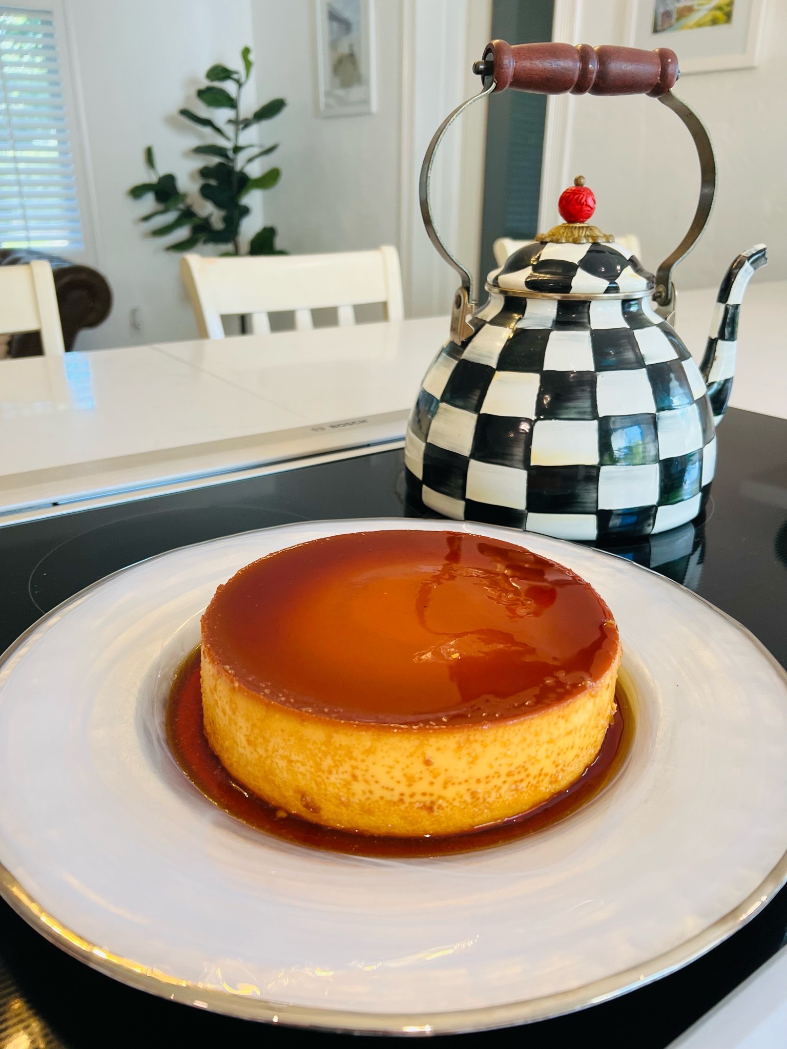 My Cheese flan recipe:
5 eggs, 1 can of  condensed milk, 1 can of  evaporated milk, 1/2 teaspoon of cinnamon, 1 teaspoon of vanilla (Mexican vanilla is better but if not it’s ok)
1 package of 1/3 reduced fat or regular Philadelphia cream cheese. 
1 cup of white sugar. 
Instructions:
1- In a small saucepan heat white sugar until it melts and gets a caramel color, aprox. 7 min.
2- Pour caramelized sugar in the flan pan.
3- Place all other ingredients in blender and blend until smooth
4- Pour the mixture on top of the caramelized sugar and cover. 
5- Place flan pan in the oven in a water bath (inside a deep baking tray 1/2 full of water). Make sure water does not get into the flan. 
5- Bake at 350 degrees for 1 hour and 20 min.
Remove from the oven and let cool for one hour and then refrigerate for at least 3 hours and then unmold.
It’s better if you refrigerate the whole night. Best to make it a day in advance. It’s really good 😊😁🥰🍮