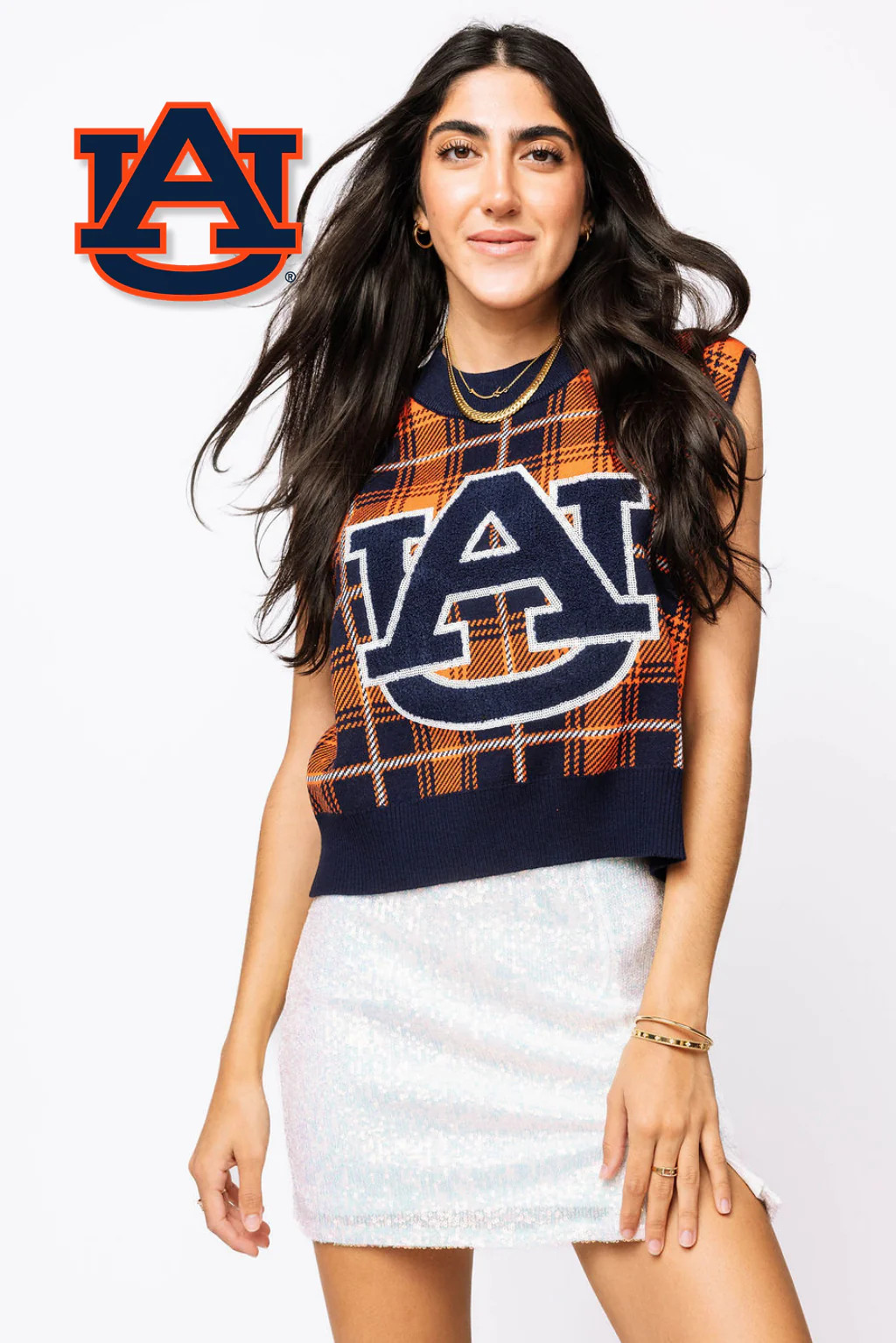 Licensed- Navy & Orange Plaid Auburn Sweater Vest | Queen of Sparkles