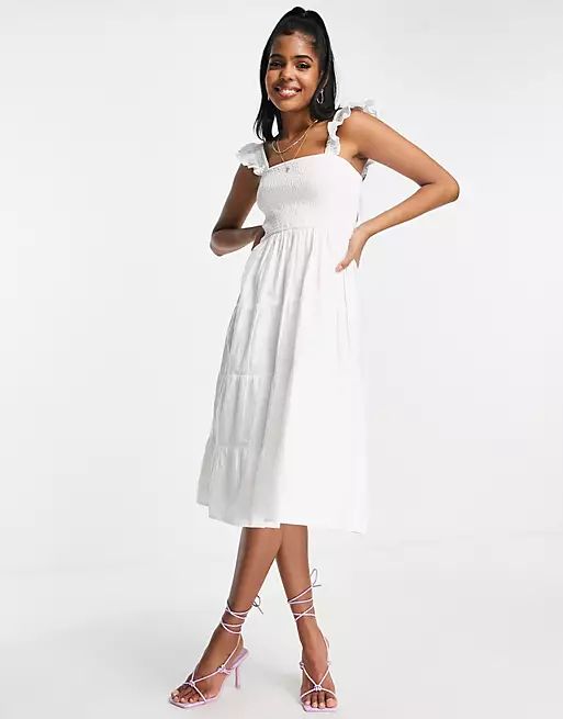 In The Style x Jac Jossa shirred bust frill sleeve tiered maxi dress in white | ASOS (Global)