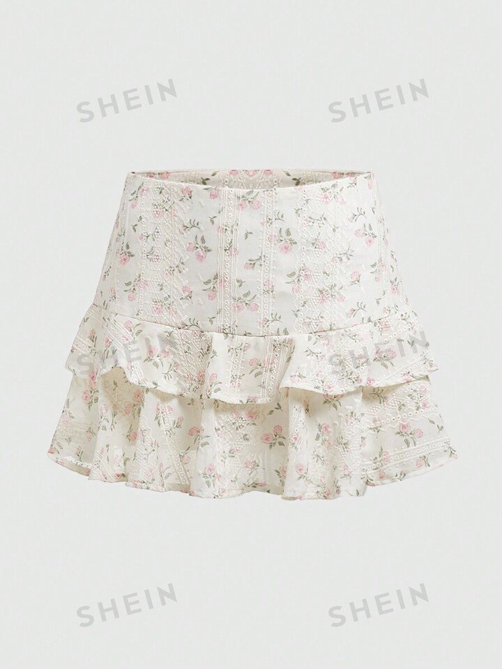 ROMWE Fairycore Women's Embroidery & Printed Texture Fabric Ruffle Edge Mini Skirt | SHEIN
