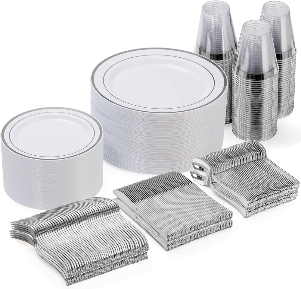 Goodluck 300 Piece Disposable Silver Plates for 50 Guests, Plastic Dinnerware Set of 50 Dinner Pl... | Amazon (US)