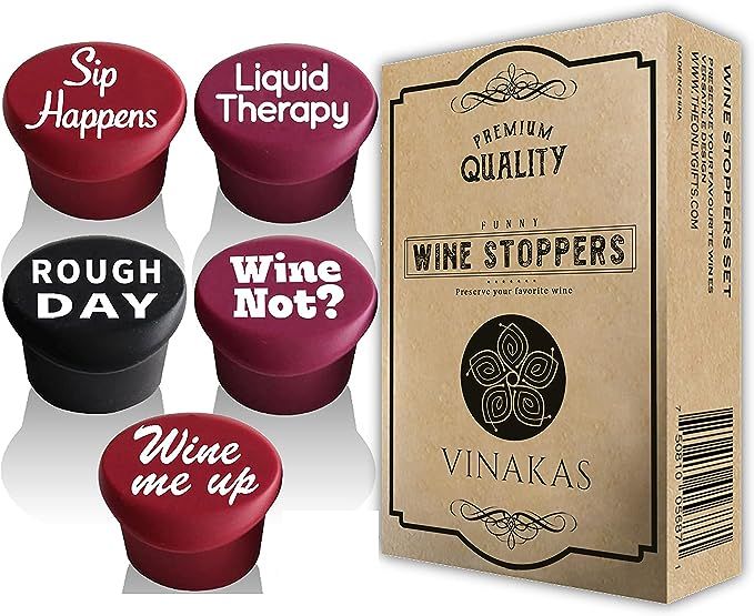 5 Funny Wine Stoppers - Perfect as Wine Accessories or Wine Gifts for Women - Set of 5 Funny Sili... | Amazon (US)