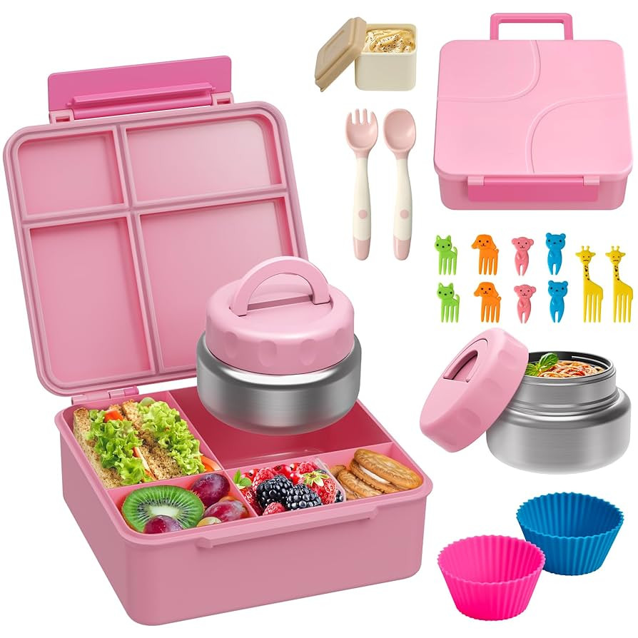 Bento Lunch Box with 9.5 oz Soup Thermo, Kids Leakproof 4 Compartments Bento Box with Silicone Cu... | Amazon (US)