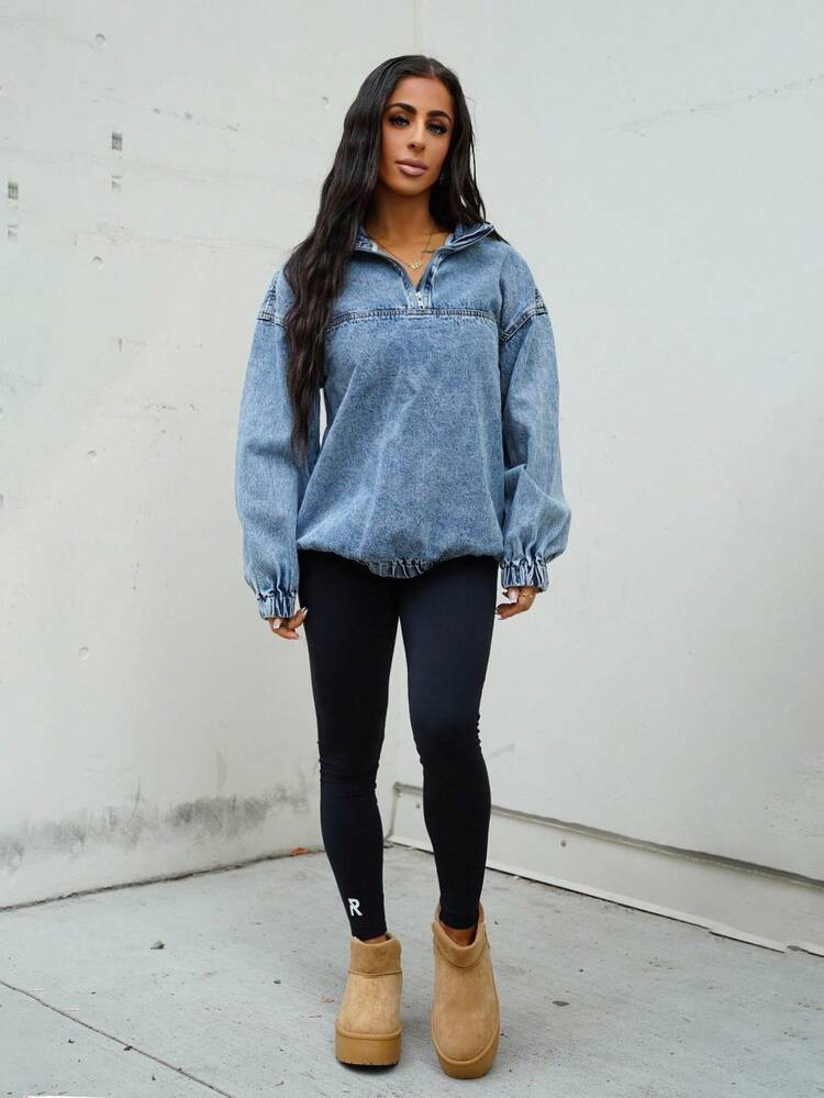 SAYEHFBABY Women's Loose Casual Denim Jacket With Dropped Shoulders And Half Zipper, Spring And A... | SHEIN