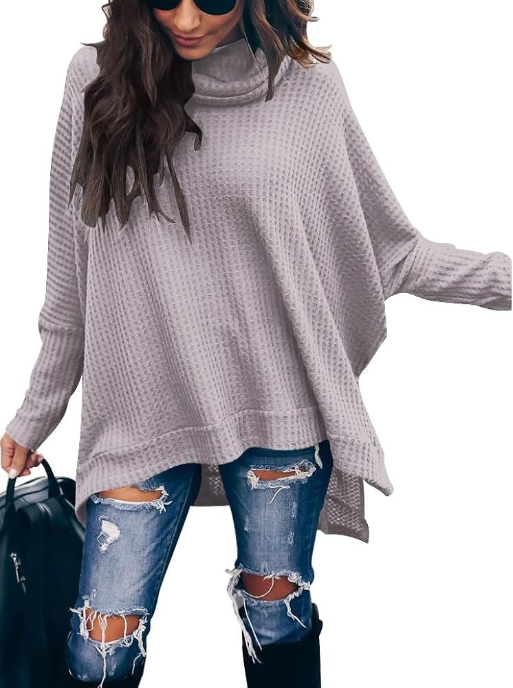 Caracilia Women Turtle Cowl Neck Long Batwing Sleeve Waffle Knit Pullover Sweaters Oversized Loose F | Amazon (US)