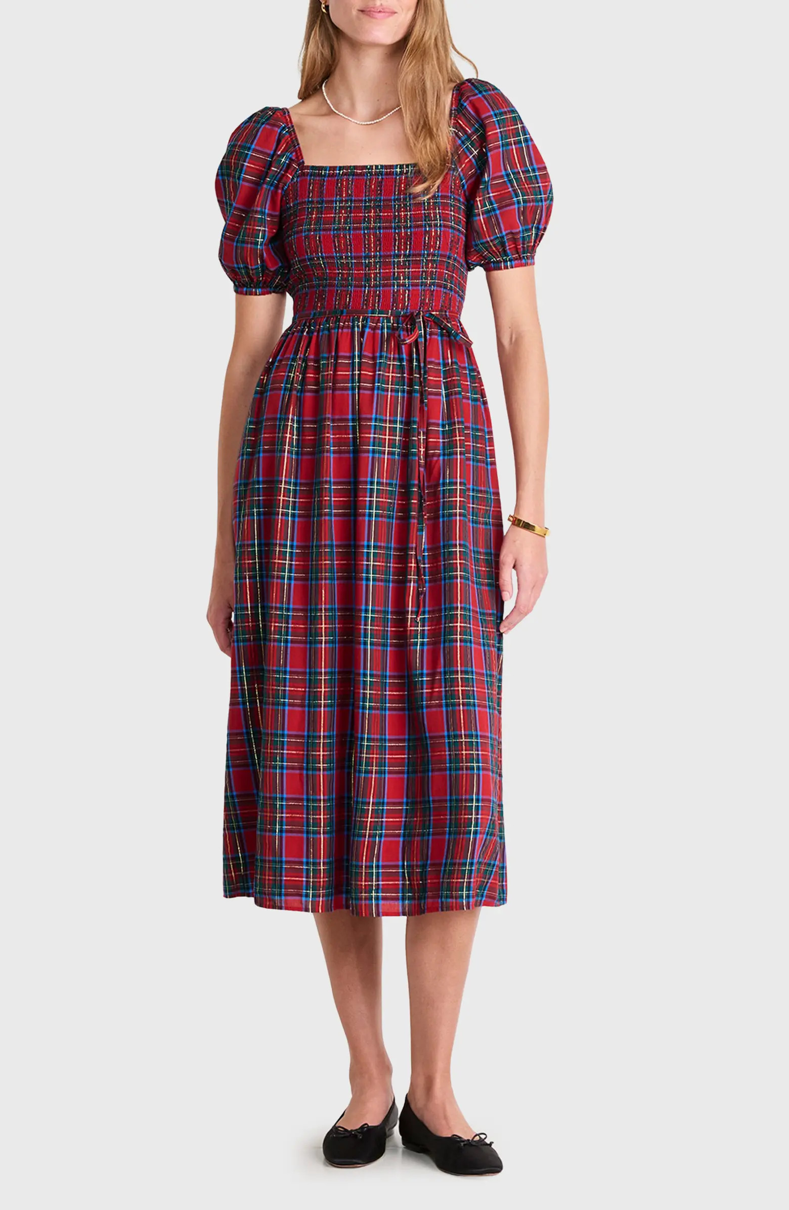 Ellen Plaid Puff Sleeve Midi Dress | Nordstrom