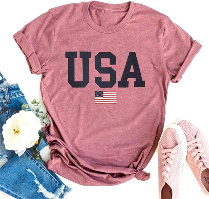 USA Flag Tee Shirt for Women 4th of July Memorial Day Gift T Shirt Casual Short Sleeve American P... | Amazon (US)