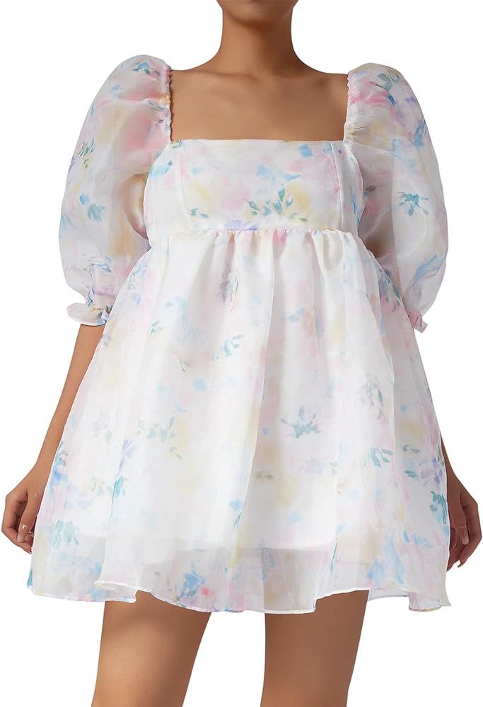 Womens Puff Sleeve Tulle Princess Midi Dresses Bubble Sleeve Square Neck Mesh Ruffle Casual Swing... | Amazon (US)
