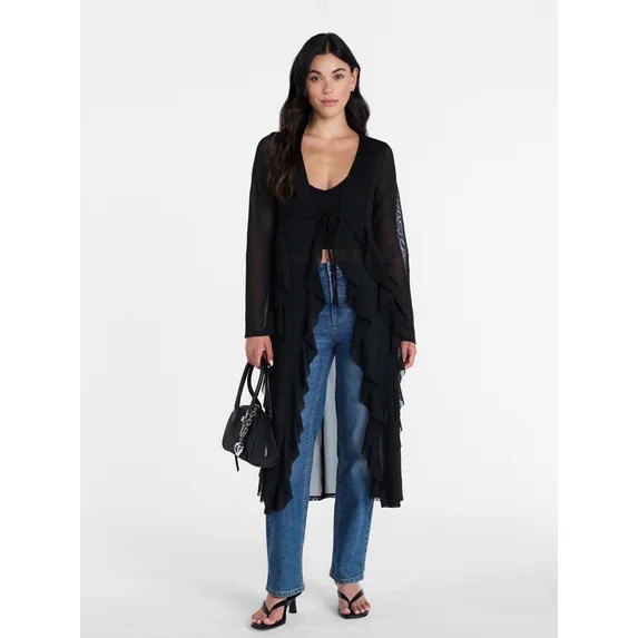 Madden NYC Women’s Ruffle Sheer Tie Front Duster with Long Sleeves, Sizes XXS-XXL | Walmart (US)