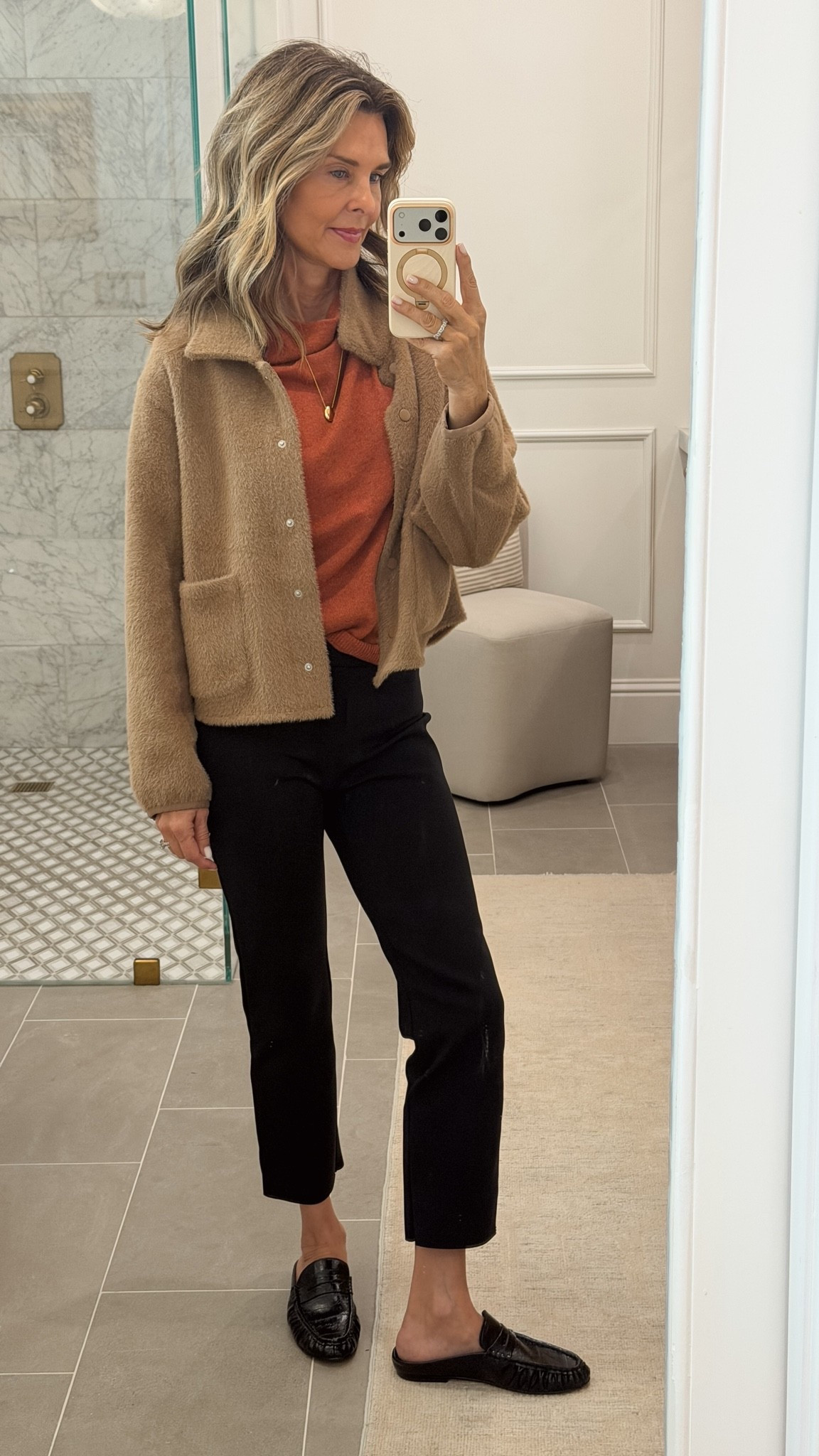 I’m 5’6
Tan jacket XS
Burnt orange sweater tee XS
black pants TTS
Shoe size TTS

Helping women over 50 elevate everyday style with chic, wearable high-low fashion.