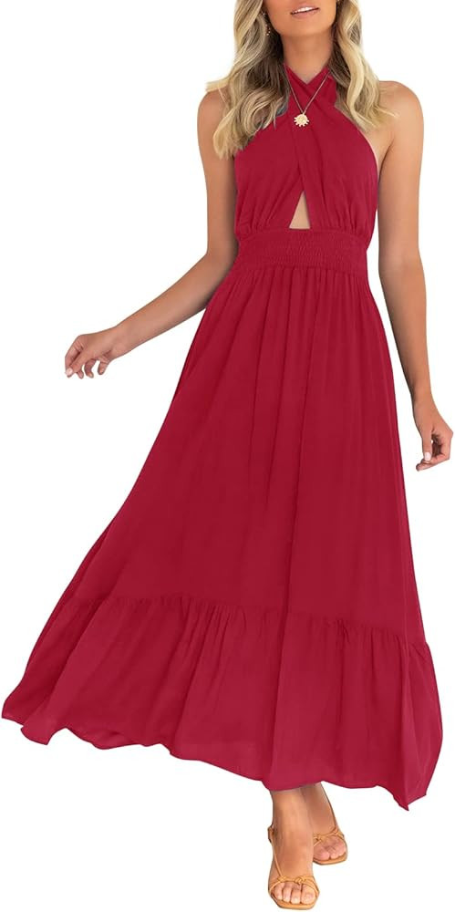 ZESICA Women's Summer Crossover Halter Neck Sleeveless Plaid Cut Out Backless Flowy A Line Maxi D... | Amazon (US)