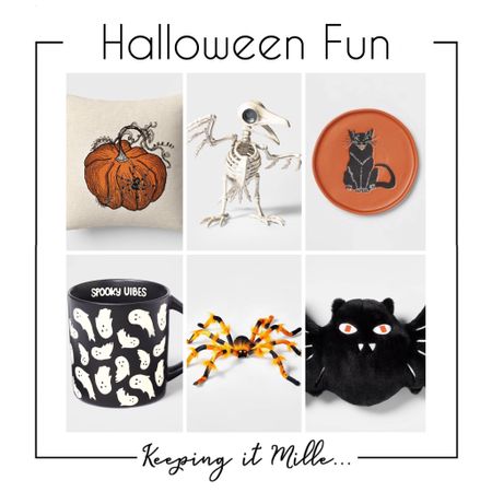 Halloween finds from Target. Pumpkin throw pillow, skeleton, appetizer plate, ghost mug, decorative spider prop, bat pillow

#LTKhome #LTKfamily #LTKHalloween