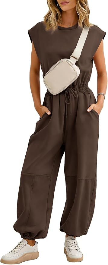 Flygo Womens Casual Jumpsuit Crewneck Cap Sleeve Long Wide Leg Pants One Piece Outfits Drawstring... | Amazon (US)