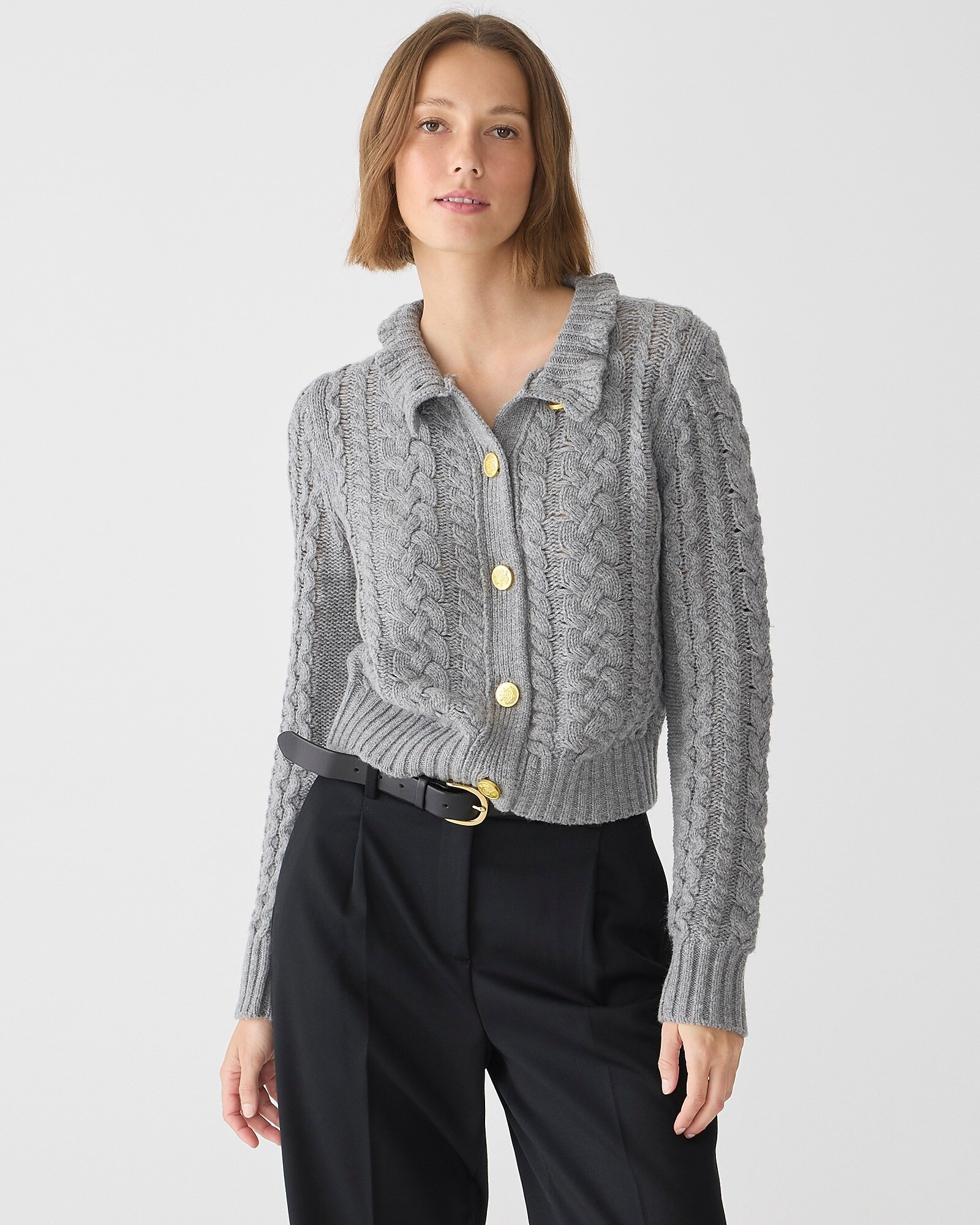 Cable-knit ruffleneck cardigan sweater | J. Crew US
