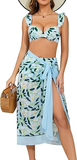 SHEKINI Women's 3 Piece Swimsuits with Cover Ups Beach Skirt Sarong Underwire Bikini Set High Wai... | Amazon (US)