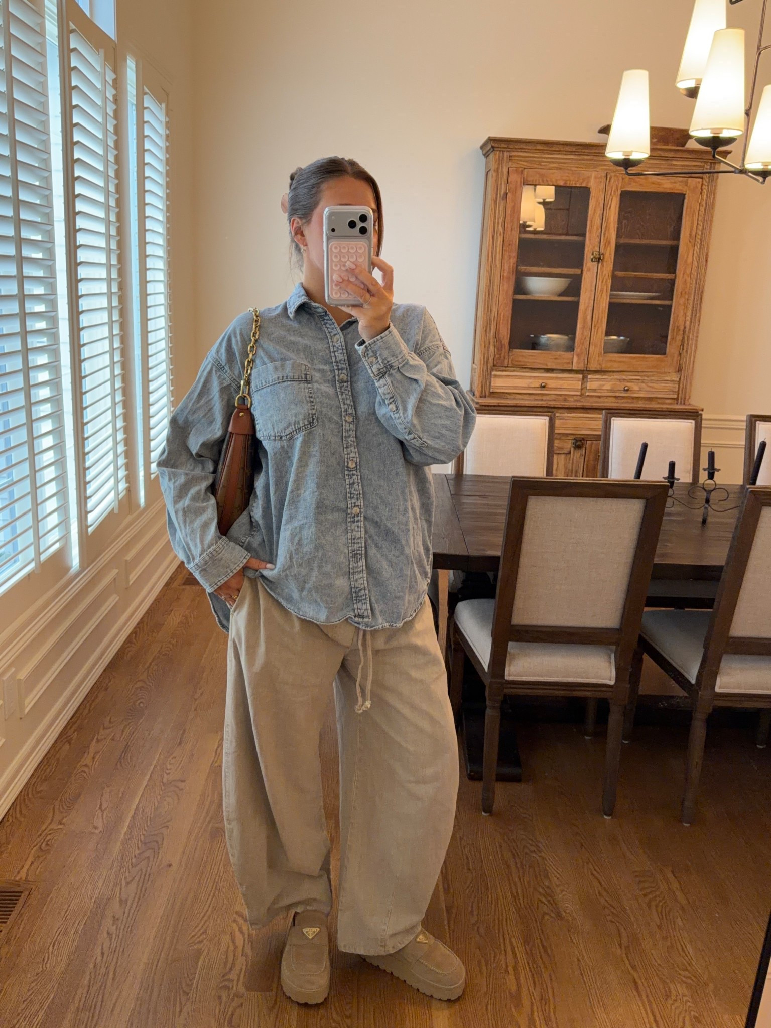 Size large on my fave aritzia denim shirt it’s soo good goes with everything!! Size medium in the pants from free people im 5’ 5” and they are a perfect length. Dress up or down they’re super soft medium weight. Prada loafers tts comfy and no break in time. Linked similar! 

#LTKgrwm #LTKootd