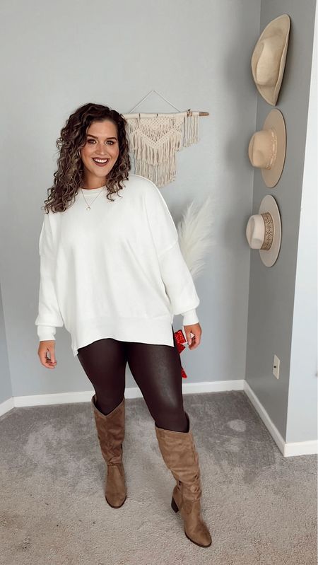 Midsize Fall casual OOTD 🤎🍂 
Comfy casual Thanksgiving day outfit 
Sweater: L
Leggings: L
Boots: Wide calf (16” calves) 
#ootd #midsizeoutfits #curvystyle #affordablestyle #amazonfinds #spanx #spanxdupes #fauxleatherleggings #brownleggings #sweater #freepeopledupe #tunic #oversizedsweater #thanksgivingoutfit #holidayoutfit #fallfashion #fallstyle #winterfashion #neutralstyle #bralette #boots #tallboots #widecalfboots 

#LTKSeasonal #LTKcurves #LTKHoliday