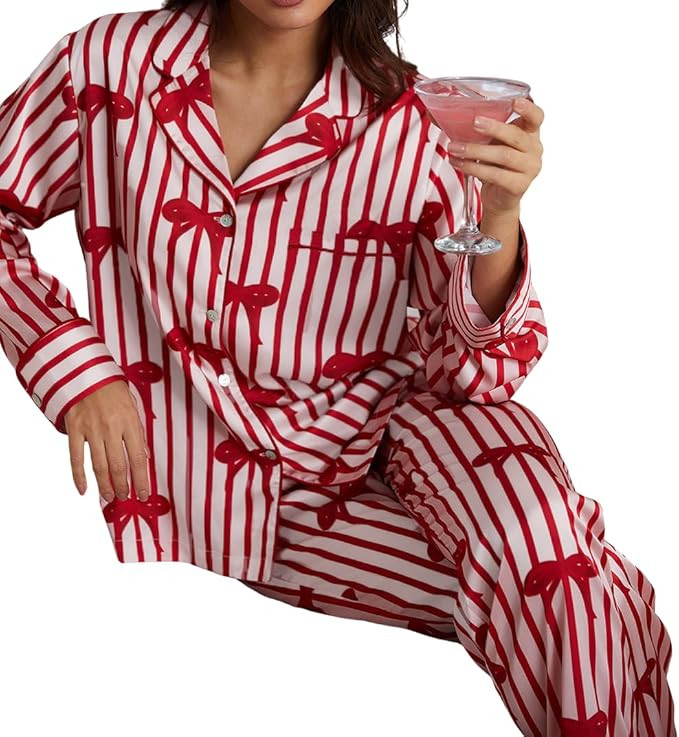 Juakoso Women Christmas Pajamas Sets Cute Print Silk Satin Lounge Sets Y2k Long Sleeve Shirt Pant... | Amazon (US)