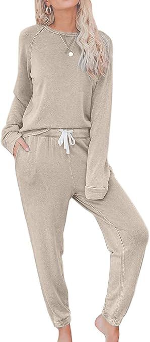 Bunanphy Womens Lounge Wear Pyjamas Set Long Sleeve PJs Casual Crew Neck Sleepwear Jogger With Po... | Amazon (UK)