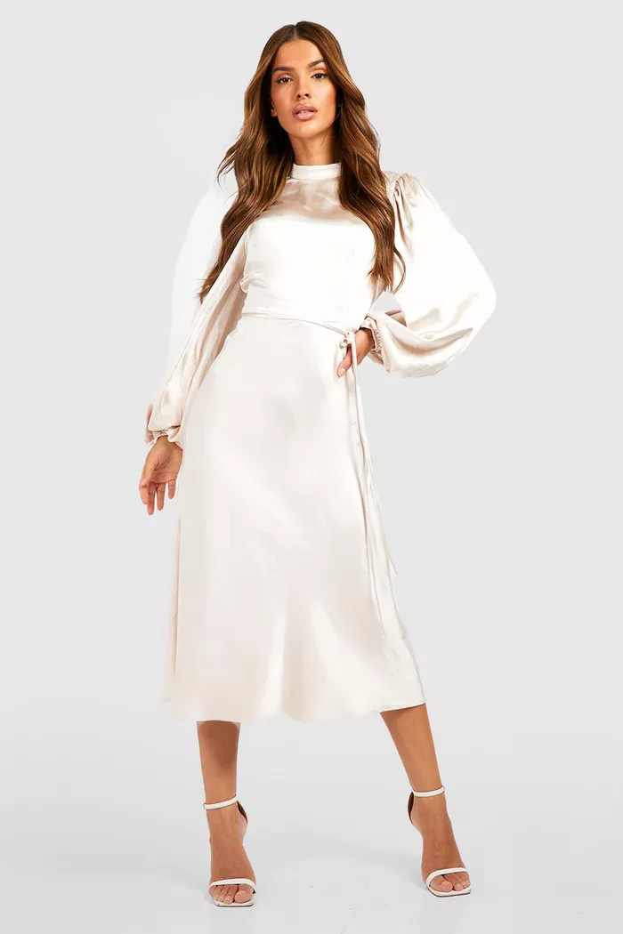 Satin High Neck Balloon Sleeve Midi Dress | boohoo (US & Canada)