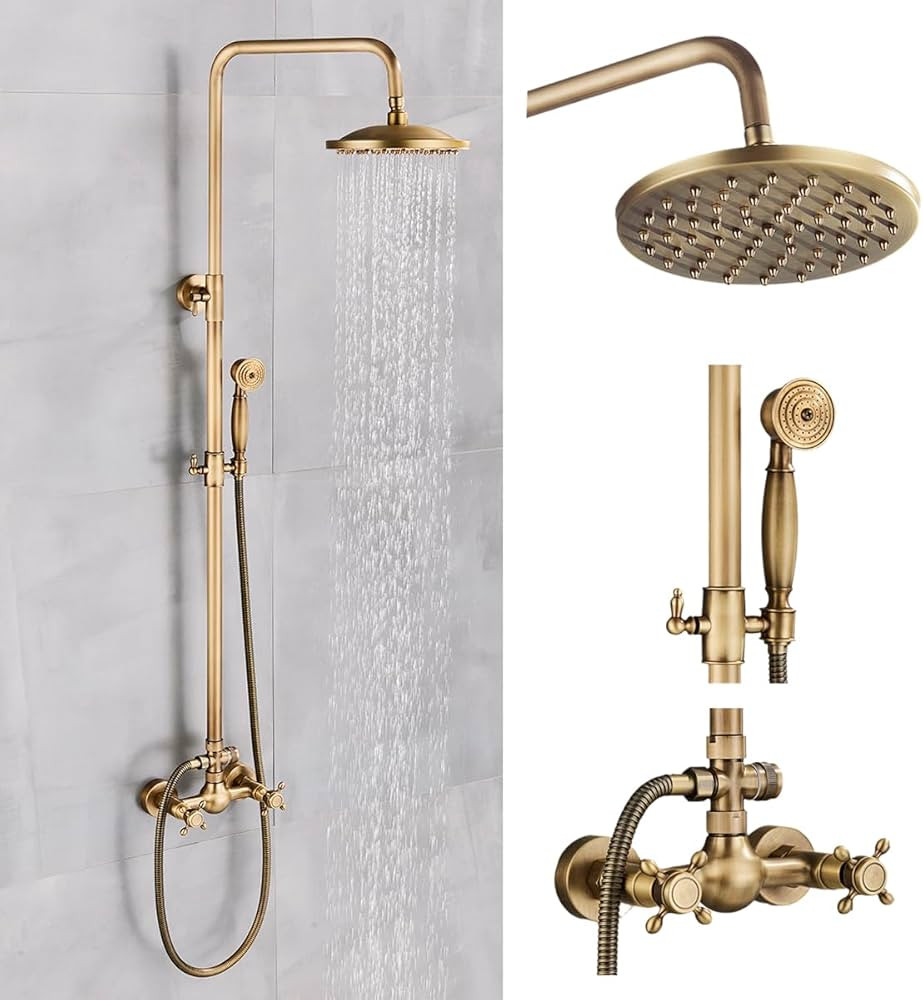 MOSSON Antique Brass Shower System Bathroom Shower Faucet Set with 8 Inch Rainfall Shower Head Ha... | Amazon (US)