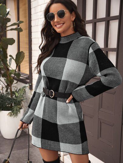 Mock Neck Gingham Sweater Dress Without Belt | SHEIN
