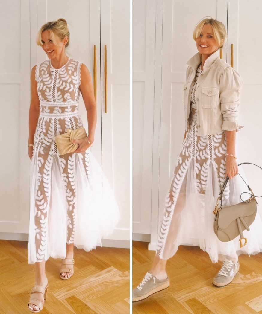 This dress is a stunner. I wore it all over Italy last year—and every single time I put it on, I felt amazing. The silhouette is so flattering, and it truly makes you feel like you’re walking the streets of Florence with gelato in hand. The lace overlay with the tulle full skirt is uber feminine and creates gorgeous movement. It’s one of those special dresses that instantly adds sophistication, class, and turns heads in the best way.

Fall Style Tip: To carry it into cooler weather, throw on a denim jacket or a cream colored cropped sweater, and opt for flats, loafers, or even low cut sneakers to balance the feminine vibe with a bit of edge. Contrast can create the most interesting outfits!

#LTKSeasonal #LTKStyleTip