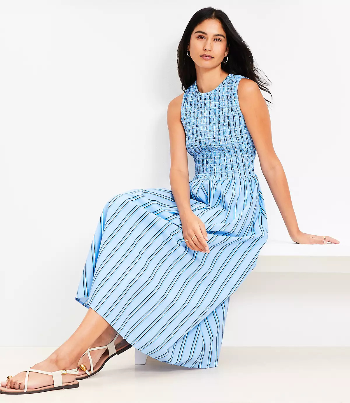 Striped Poplin Smocked Midi Pocket Dress | LOFT