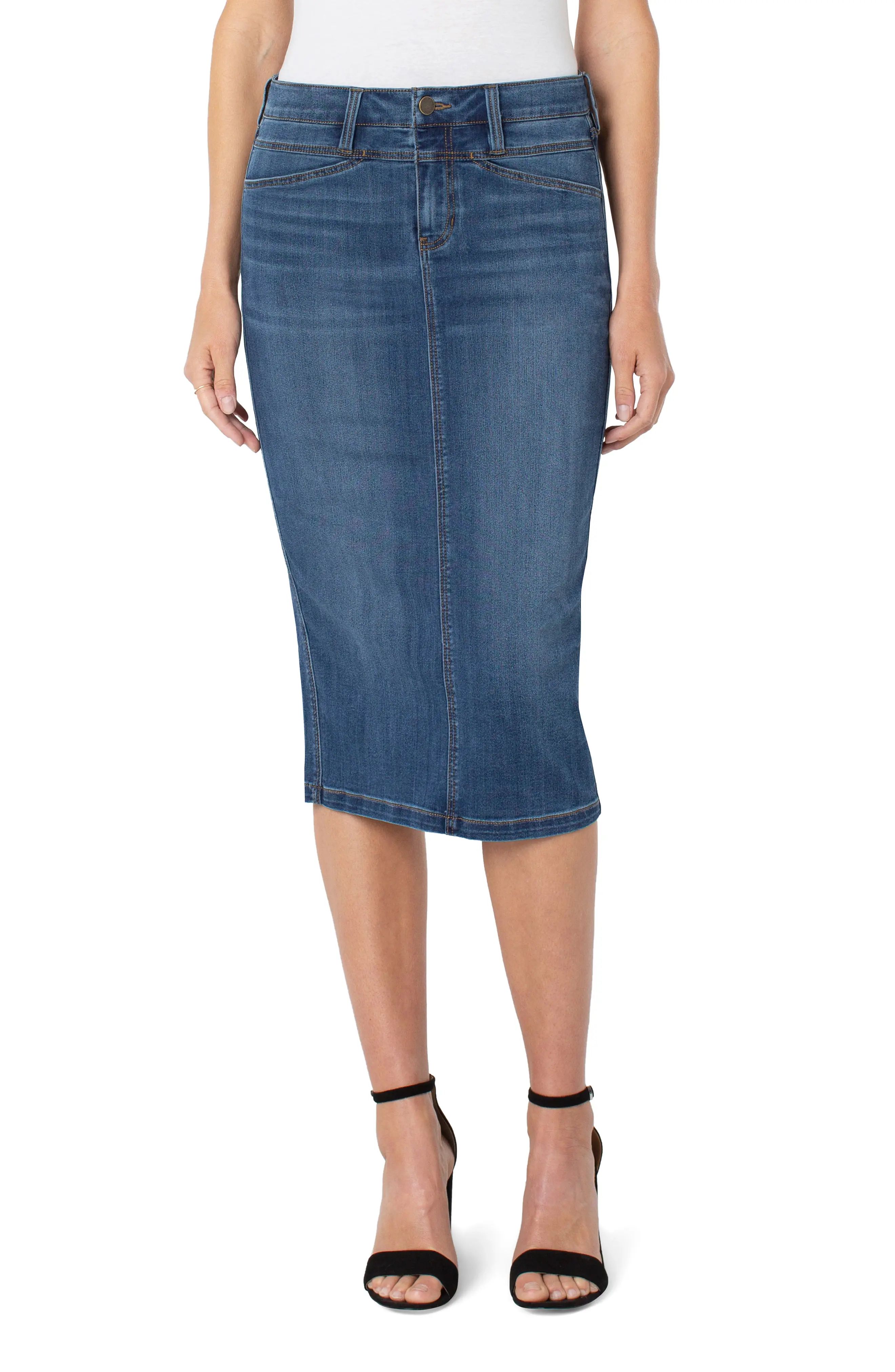Women's Liverpool Los Angeles Front Yoke Denim Midi Skirt, Size 2 - Blue | Nordstrom