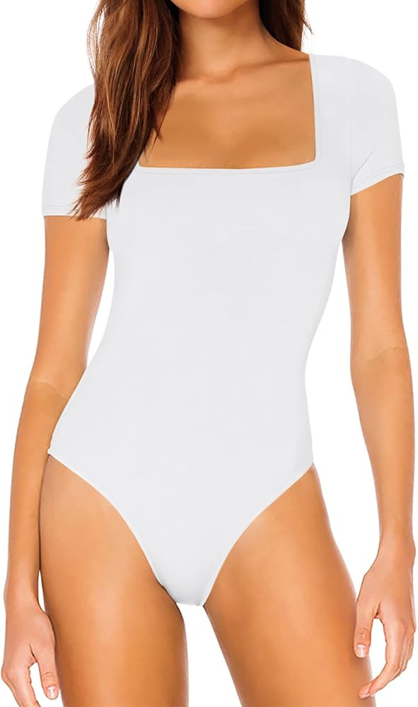 Saungkuai Women's Square Neck Notch V Neck Short Sleeve Thong Bodysuit Tops | Amazon (US)