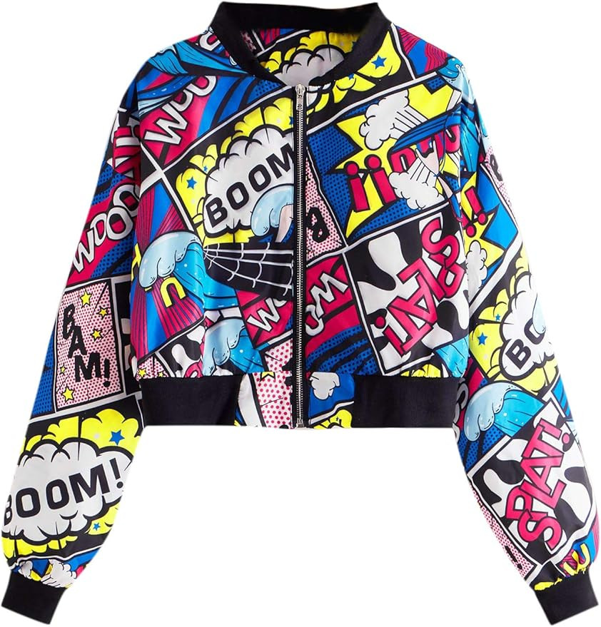SheIn Women's Fashion Long Sleeve Comic Print Crop Bomber Zipper Jacket | Amazon (US)