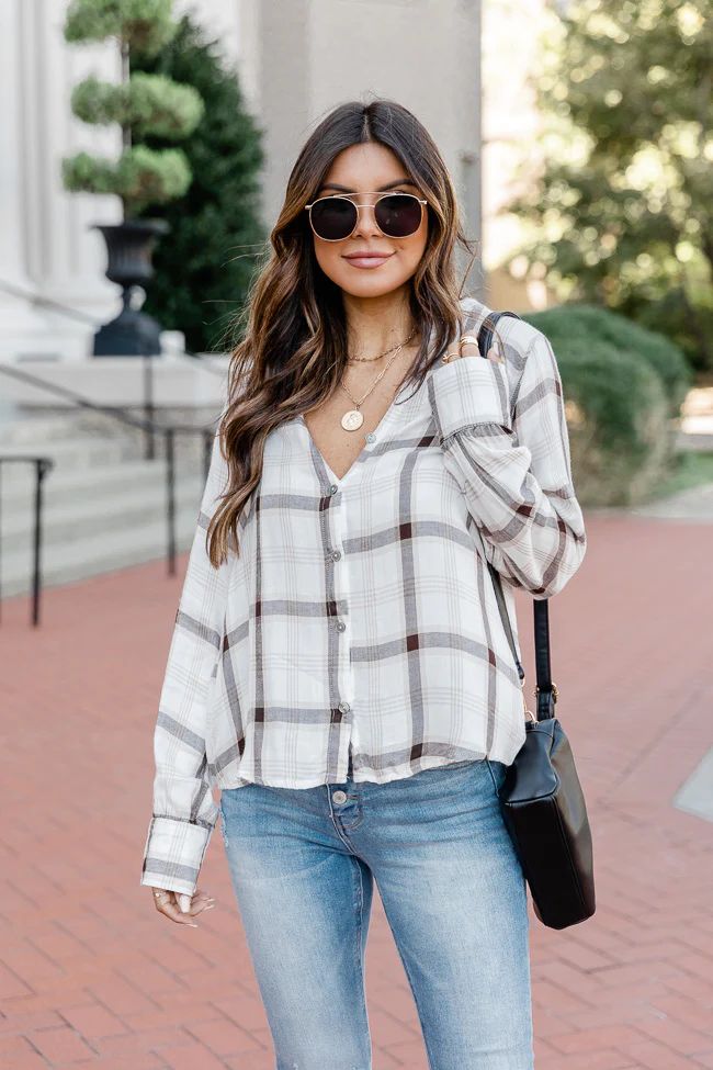 Day Trip White Plaid Blouse | The Pink Lily Boutique