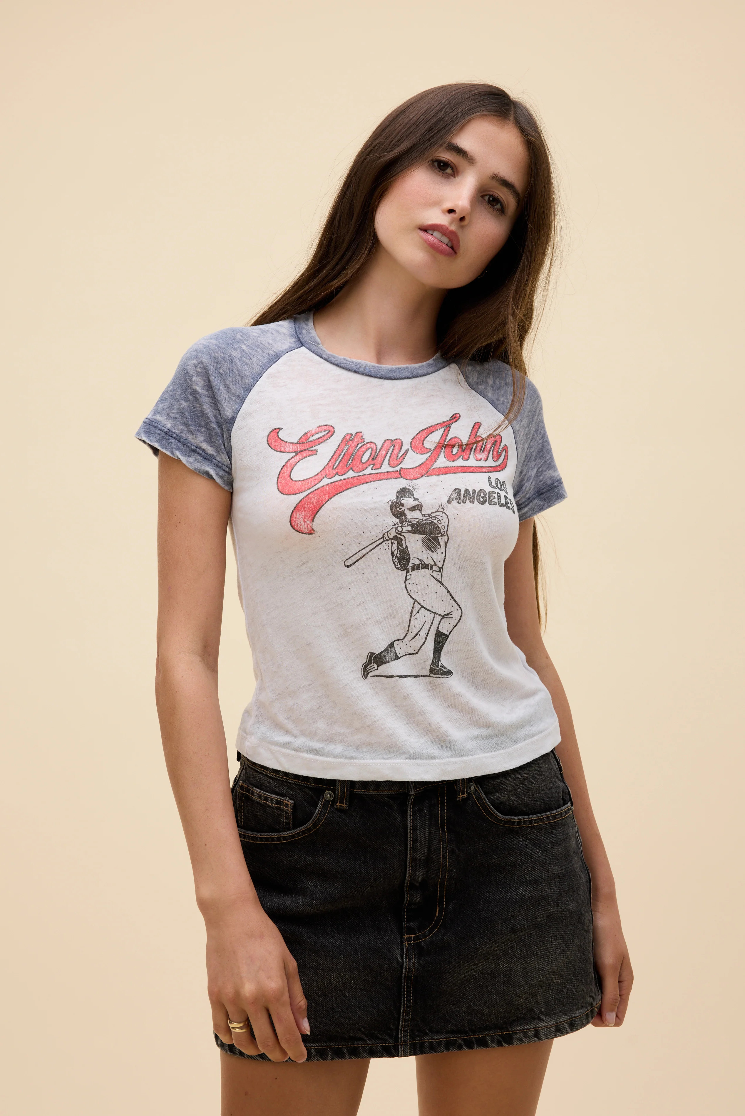Elton John Home Run Burnout Shrunken Raglan Tee in Navy & White | 100% Cotton T-Shirt in Vintage ... | Daydreamer