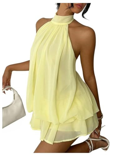 Verdusa Women's Chiffon Halter Drop Waist Wedding Guest Dresses Ruffle Summer Loose Fit Mini Dress Brunch Outfits Butter Yellow X-Large | Amazon (US)