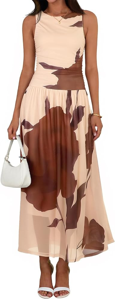 Wenrine Womens Summer Floral Maxi Dress Casual Sleeveless A Line Swing Flowy Beach Vacation Tank ... | Amazon (US)